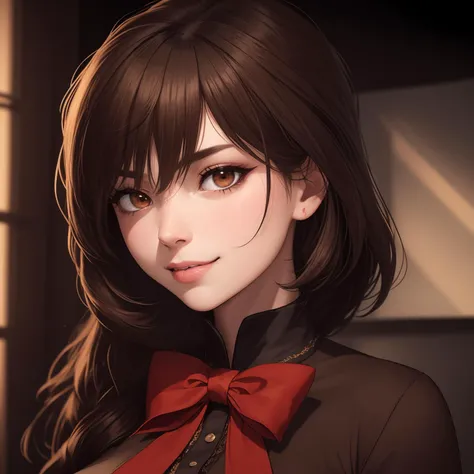 Masterpiece,Sharp Focus, HDR,UHD,Highly Detailed,Studio lighting,Profesional photograph,64k,<lora:touhou_houjuu-10:1>,houjuu nue,black dress,red bowtie,short sleeves,black thighhighs,asymmetrical wings,((Brown Eyes:1.5)),((seductive Smile)),((seductive Look in her eyes)),((seductive Look)),((seductive Eyes)),Bigger lips,big lips,kissable lips,