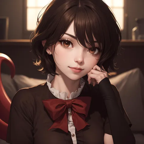 Masterpiece,Sharp Focus, HDR,UHD,Highly Detailed,Studio lighting,Profesional photograph,64k,Cover Page,cover,<lora:touhou_houjuu-10:1>,houjuu nue,Short Hair,black dress,red bowtie,short sleeves,black thighhighs,asymmetrical wings,((Brown Eyes:1.5)),((seductive Smile)),((seductive Look in her eyes)),((seductive Look)),((seductive Eyes)),Bigger lips,big lips,kissable lips,