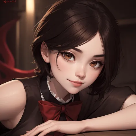 Masterpiece,Sharp Focus, HDR,UHD,Highly Detailed,Studio lighting,Profesional photograph,64k,Cover Page,cover,<lora:touhou_houjuu-10:1>,houjuu nue,Short Hair,black dress,red bowtie,short sleeves,black thighhighs,asymmetrical wings,((Brown Eyes:1.5)),((seductive Smile)),((seductive Look in her eyes)),((seductive Look)),((seductive Eyes)),Bigger lips,big lips,kissable lips,