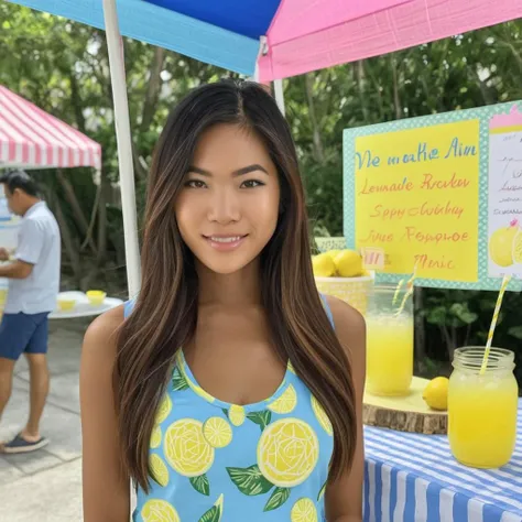 a photo of v1n4, ohwx woman, at a lemonade stand, best quality, beautiful face, <lora:vinasky_SDXL:0.8>