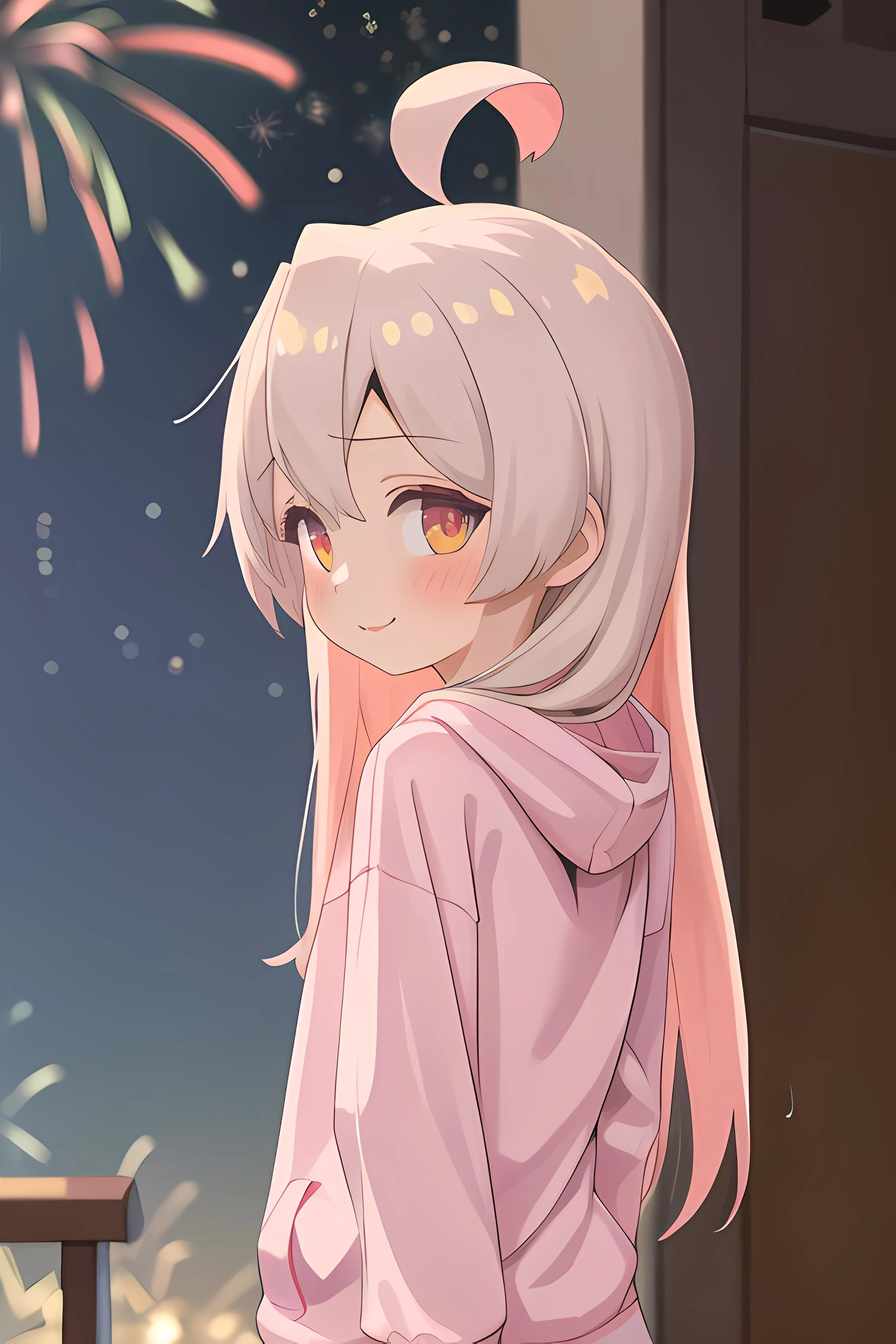 (masterpiece, best quality, high quality, highres, ultra-detailed),<lora:onimai_mahiro:1>,long hair,straight hair,(ahoge),1girl,girl wearing oversized hoodie,starry sky,fireworks,detailed hands,detailed fingers,happy,solo focused,light blush,facing viewer,arms behind back,