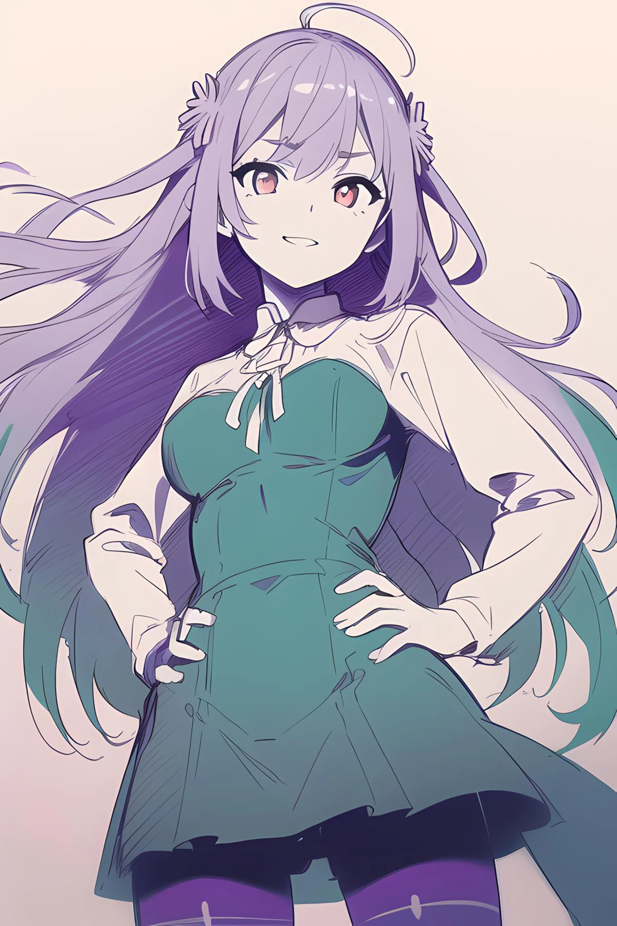 (masterpiece, best quality, high quality, highres, ultra-detailed),1girl,solo focus,solo,(medium breast),red eyes,(purple to teal gradient hair:1.4),long straight hair,petals,(purple matthiola incana hair ornament),happy,teal dress shirt,black pantyhose,hand on hip,white background,looking at viewer,beautiful eyes,detailed face,<lora:mylora_shouhui:1>,(hand-drawn art:1.5),(Unpainted:1.5),(monochrome:1.5),ahoge,sketch,