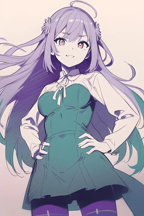 (masterpiece, best quality, high quality, highres, ultra-detailed),1girl,solo focus,solo,(medium breast),red eyes,(purple to teal gradient hair:1.4),long straight hair,petals,(purple matthiola incana hair ornament),happy,teal dress shirt,black pantyhose,hand on hip,white background,looking at viewer,beautiful eyes,detailed face,<lora:mylora_shouhui:1>,(hand-drawn art:1.5),(Unpainted:1.5),(monochrome:1.5),ahoge,sketch,
