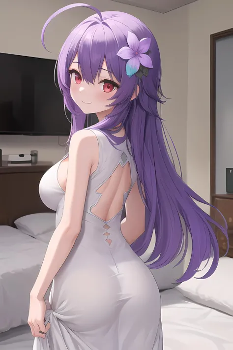 (masterpiece, best quality, high quality, highres, ultra-detailed),1girl,solo focus,solo,ahoge,medium breast,happy,white dress,flower patterned clothing cutout,from behind,looking back,purple hair,red eyes,bedroom,long straight hair,detailed fingers,teal flower hair ornament,