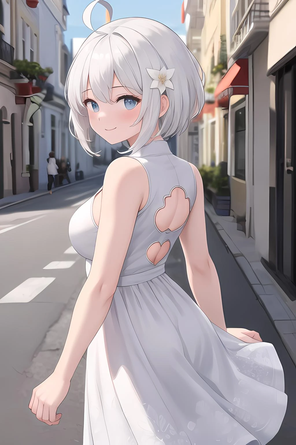 (masterpiece, best quality, high quality, highres, ultra-detailed),1girl,white hair,boy hairstyle,solo focus,solo,tomboy,ahoge,medium breast,street,cross arms,happy,white dress,flower patterned clothing cutout,from behind,looking back,