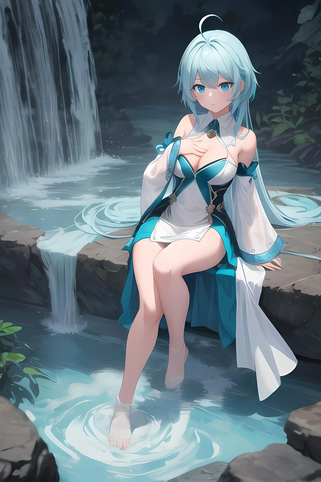 (masterpiece, best quality, high quality, highres, ultra-detailed),1girl,solo focus,solo,ahoge,medium breast,light blue eyes,long straight hair,(detailed fingers),1 hand on own chest,teal hair,full body,detached colar,light blue dress,detached sleeves,(detailed hands),water,