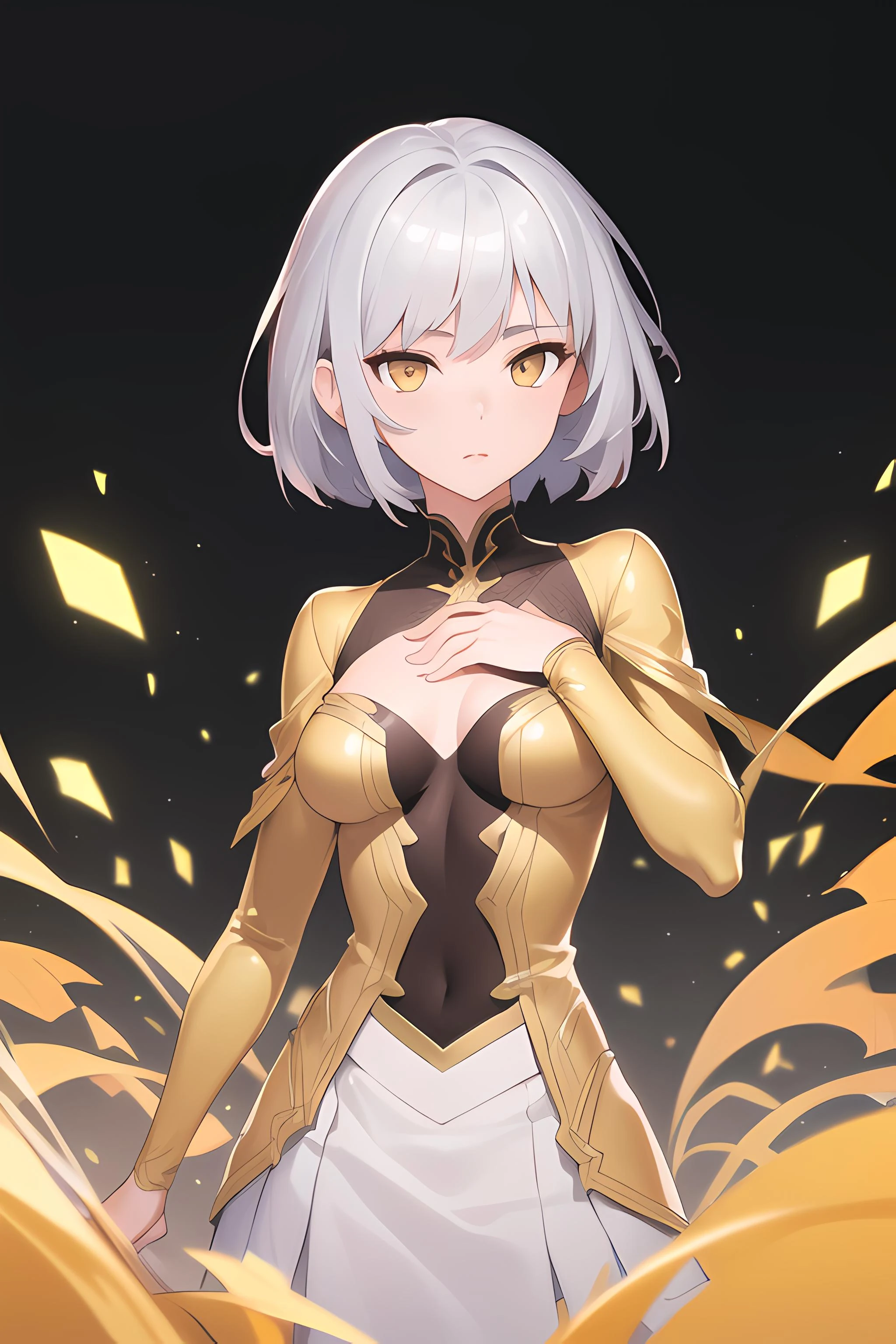 (masterpiece, best quality, high quality, highres, ultra-detailed),1girl,solo focus,solo,medium breast,silver hair,golden eyes,shorthair,half body,hand on own chest,thumb,