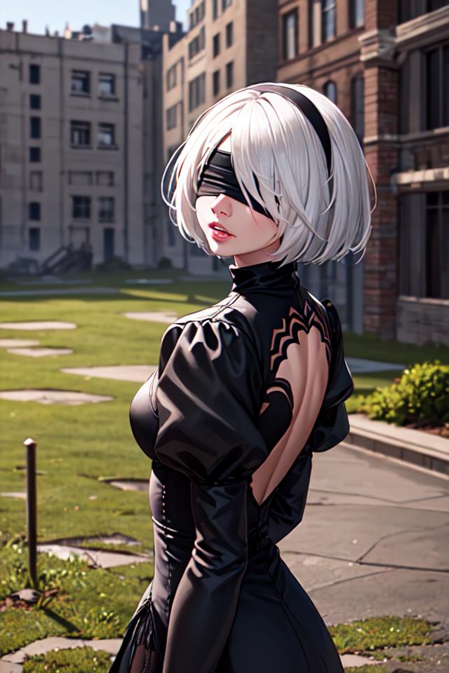 Anime - style woman in black and white outfit posing in front of a ...