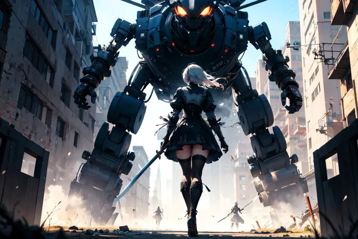 (1 woman and 1 gigant Robot),
(1 busty 2b in dynamic pose sword fight against robot, epic, like ,2B \(Nier Automata\),small smile , (mature face), white hair, whith skin, grey eyes, action scene, from below)