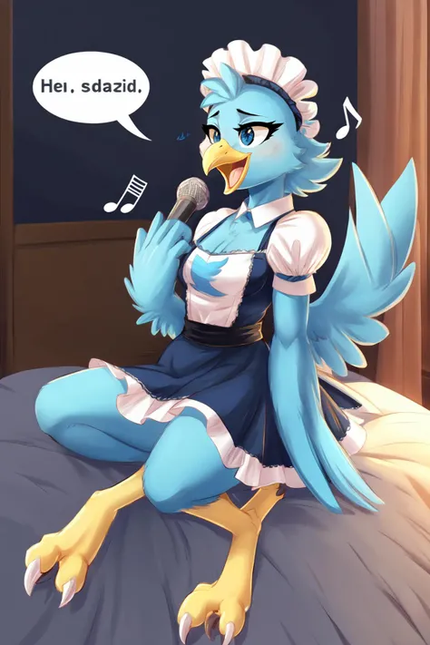 anthro furry, SDTwitterBird, blue skin, yellow beak, bird legs, feather hands, talons, 1girl, maid uniform, bedroom, singing, spoken musical note, (masterpiece:1.2), best quality, crisp, clear, <lora:TwitterBird-v1:0.7>, <lora:GoodHands-beta2_Envy:1>