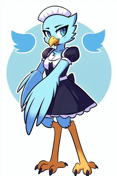 anthro furry, SDTwitterBird, blue skin, yellow beak, bird legs, feather hands, talons, 1girl, maid uniform, logo, (masterpiece:1.2), best quality, crisp, clear, <lora:TwitterBird-v1:0.7>, <lora:GoodHands-beta2_Envy:1>