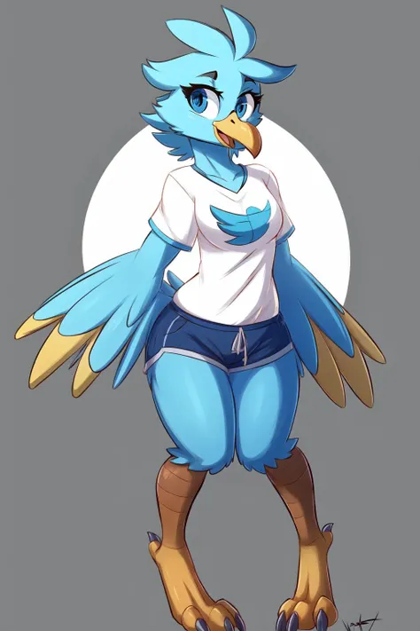 Solo, standing, female, (((avian, bird, blue feathers, beak))), ((hair)), big breasts, by bebebebebe, by spuydjeks, by spikedmauler, by buta99, standing straight, hands on hips, thicc, meaty, plump, heavy breasts, mature, adult, apple body shape, nude, nipples, vagina