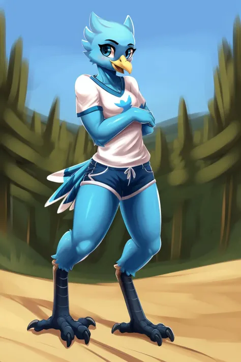 anthro furry, SDTwitterBird, blue skin, yellow beak, bird legs, feather hands, talons, 1girl, t-shirt, logo, shorts, (masterpiece:1.2), best quality, crisp, clear, <lora:TwitterBird-v1:0.7>, <lora:GoodHands-beta2_Envy:1>