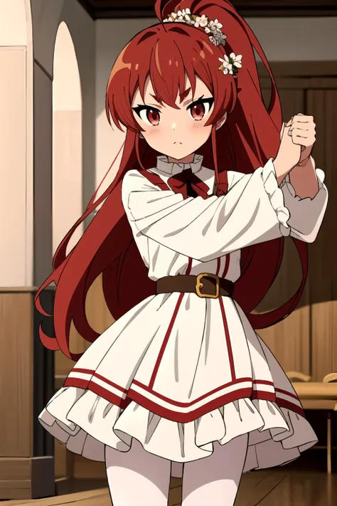 (masterpiece:1.4), (best quality:1.4), (((pixel-perfect, detail-perfect))), 1girl, solo, eris boreas greyrat, red hair, long hair, hair between eyes, ahoge, high ponytail, thick eyebrows, hair ornament, red eyes, small breasts, (white frilled dress, opened collar, long sleeves), flower chained belt, white pantyhose, red mary janes, offering hand, looking at viewer, (detailed background, greyrat castle, dance hall:1.45), (blushing:1.2), flat, flat colors, 2D, (anime:1.35), <lora:Eris Boreas Greyrat (Mushoku Tensei):0.7>