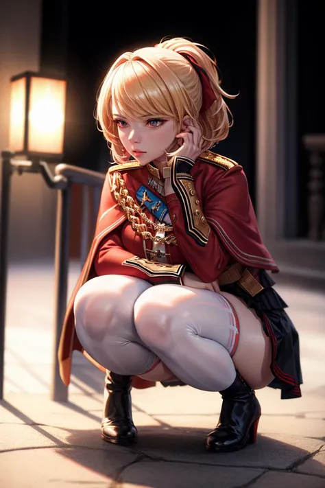 Golden curly hair、hime-cut、Girl with golden eyes、View of the crotch from below、flat chest、Thin pubic hair、Beautiful open legs、Red military uniform