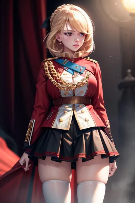 ultra detailed 8k cg, ultra realistic, masterpiece, cinematic lighting, cinematic bloom, professional photography, <lora:PrinceOfWales:1> princeofwalesazl, 1girl, blonde hair, large breasts, short hair, blouse, skirt, miniskirt, black skirt, red jacket, red cape, white thighhighs,