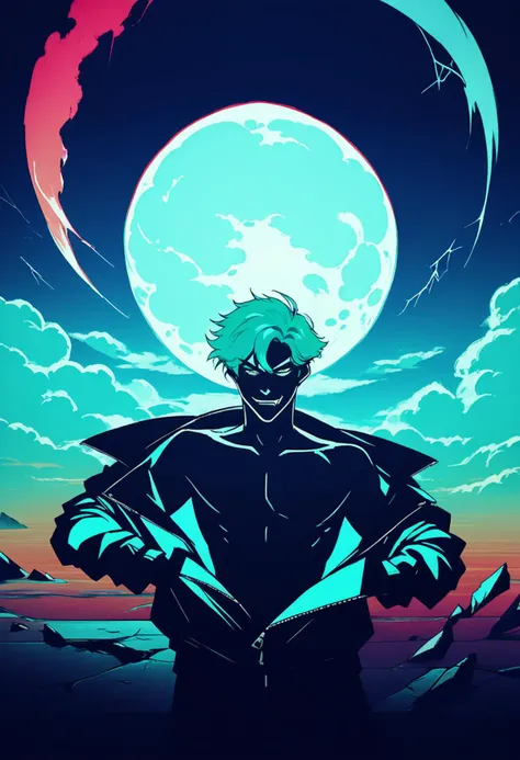 score_8_up, man, teal hair, smirk, fang, jacket, bottomless, convenient censoring, contrapposto, shadow, flowing water, neon, night, clouds, moon, cracked sky, rating_questionable, <lora:NoctAbstractConcept:0.5>