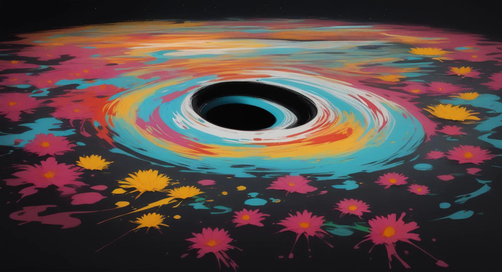 score_8_up, sketch, (distortion:1.2), whirlpool, swirl, black hole, very long hair, flowers, paint splatter, colorful, abstract, dark background, liquid, particles, lying, swimming pool, <lora:NoctAbstractConcept:1>