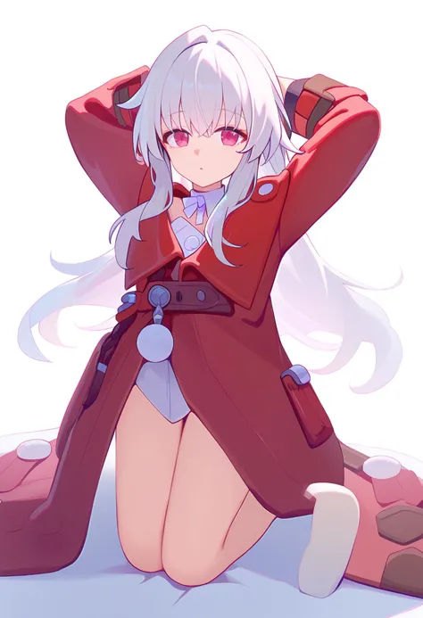 score_9,clara \(honkai star rail\),1girl,solo,looking at viewer,long sleeves,red jacket,blushkneeling, arms behind head, seiza,solo,looking at viewer,flower,full body,simple background,white background,score_9,<lora:pony_char_clara_(honkai_star_rail)-000026:1>