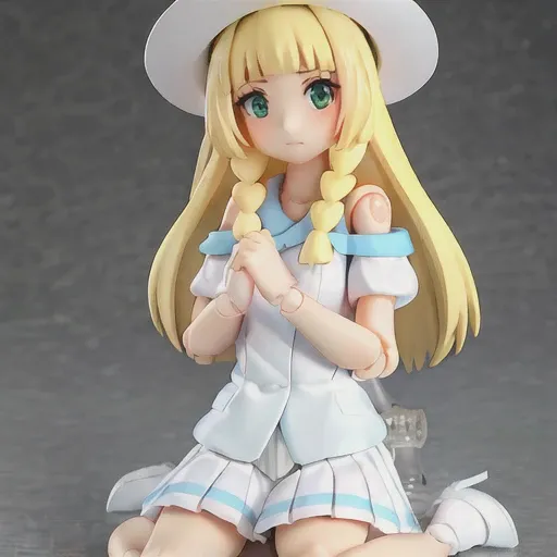 (masterpiece, best quality, absurdres:1.2), photo of a highly detailed (figma:1.2), 1girl, green eyes, ringed eyes, head wings, low wings, pink hair, off shoulder, hat, white skirt, wariza, closed mouth, [realistic], <lora:figmaAnimeFigures_figma:1> <lora:character_pokemon_lillie_v1:1>