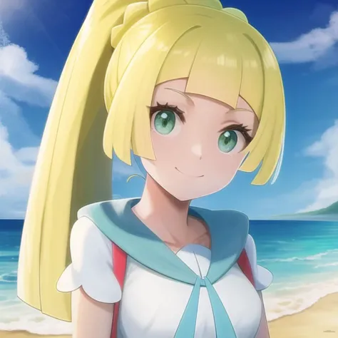 <lora:character_pokemon_lillie_v4:0.7> beach, 1girl, character_pokemon_lillie, solo, portrait, looking at viewer, green eyes, smile, closed mouth, ponytail, shirt, backpack