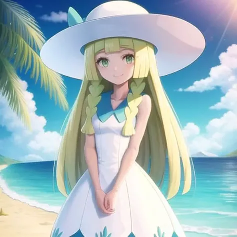 <lora:character_pokemon_lillie_v4:0.7> beach, 1girl, character_pokemon_lillie, solo, standing, cowboy shot, looking at viewer, green eyes, smile, v arms, own hands together, twin braids, hat, dress