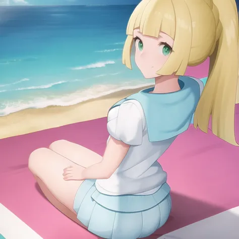<lora:character_pokemon_lillie_v4:0.7> beach, ocean, 1girl, character_pokemon_lillie, solo, sitting, from behind, from side, from above, looking at viewer, looking back, green eyes, smile, closed mouth, ponytail, shirt, skirt