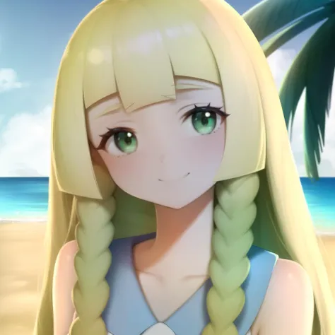 <lora:character_pokemon_lillie_v5:1> lillie \(pokemon\), beach, 1girl, solo, portrait, looking at viewer, green eyes, smile, twin braids, dress,