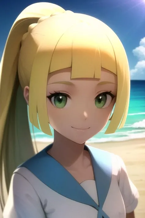 <lora:character_pokemon_lillie_v6_wip:1> lillie \(pokemon\), beach, 1girl, solo, (portrait:1.1), looking at viewer, green eyes, smile, closed mouth, ponytail, shirt,