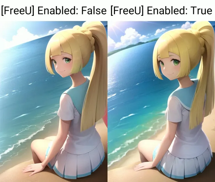 <lora:character_pokemon_lillie_v6_wip:1> lillie \(pokemon\), beach, ocean, 1girl, solo, sitting, legs together, from behind, from side, from above, looking at viewer, looking back, green eyes, smile, closed mouth, ponytail, shirt, skirt,