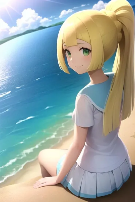 <lora:character_pokemon_lillie_v6_wip:1> lillie \(pokemon\), beach, ocean, 1girl, solo, sitting, legs together, from behind, from side, from above, looking at viewer, looking back, green eyes, smile, closed mouth, ponytail, shirt, skirt,