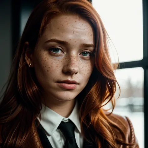 cinematic photo (art by Mathias Goeritz:0.9) , photograph, Lush Girlfriend, Tax collector, Rich ginger hair, Winter, tilt shift, Horror, specular lighting, film grain,(cinematic still:1.2), (freckles), professional, 4k, highly detailed