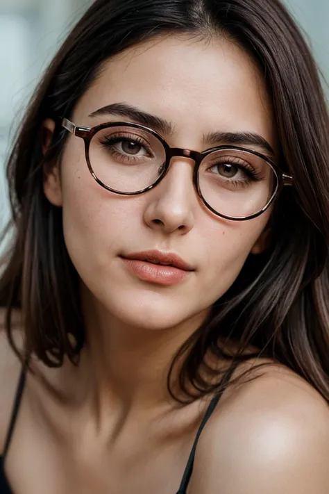 a beautiful Italian adult woman, strong round glasses, thin lips, slim, mouth ajar, real skin texture, relaxed,
closeup photo, film grain,