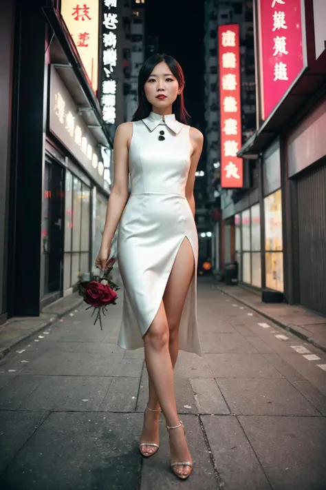 a well lit adult woman poses wearing a full dress with a high collar and side slit, a leg aside, high heels, holding a rose,
A night Hong Kong empty street,
film grain, high quality digital photo, professional shot