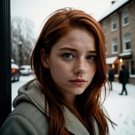 cinematic photo (art by Mathias Goeritz:0.9), (crying), (three quarters view), photograph, Lush Girlfriend, European, collector, Rich ginger hair, Winter, tilt shift, Horror, specular lighting, film grain,(cinematic still:1.2), (freckles), professional, 4k, highly detailed