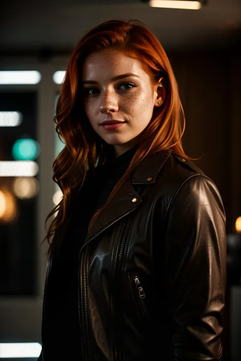 (three quarters view), photograph, cinematic photo (art by Mathias Goeritz:0.9), (Lush Girlfriend, European, collector, leather jacket, Rich wavy long ginger hair, (smirk)), Winter, tilt shift, Horror, specular lighting, film grain,(cinematic still:1.2), (freckles), professional, 4k, highly detailed