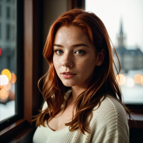 cinematic photo (art by Mathias Goeritz:0.9), (three quarters view), photograph, Lush Girlfriend, European, collector, Rich ginger hair, Winter, tilt shift, Horror, specular lighting, film grain,(cinematic still:1.2), (freckles), professional, 4k, highly detailed