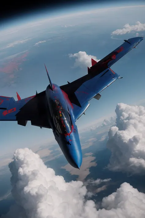 A mechanized fighter plane flying at high altitude between the clouds, creating a hyper-punk scene with desaturated dark red and blue details, vacations, [sci-fi  : real life photo : 0.75]
