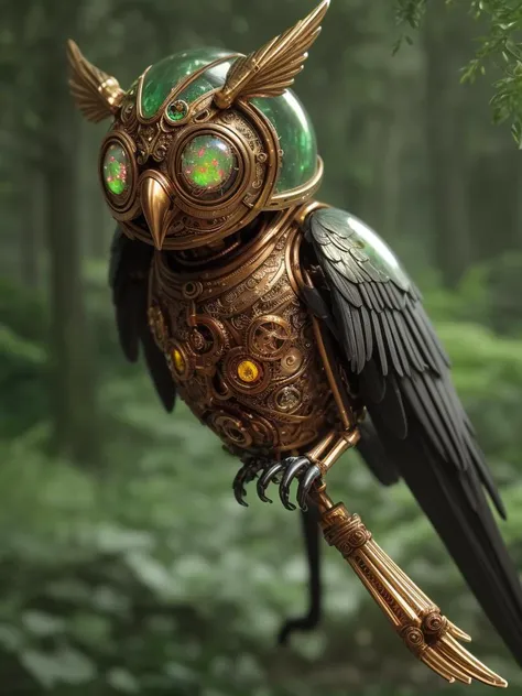 a mechanical steampunk owl made of an intricate mix of shiny brass, dull copper and glimmering silver, sitting on a branch in a lush green forest. [:intricate details:0.3] it looks like it would actually be capable to fly away. it has short legs and yellow opal eyes. 29