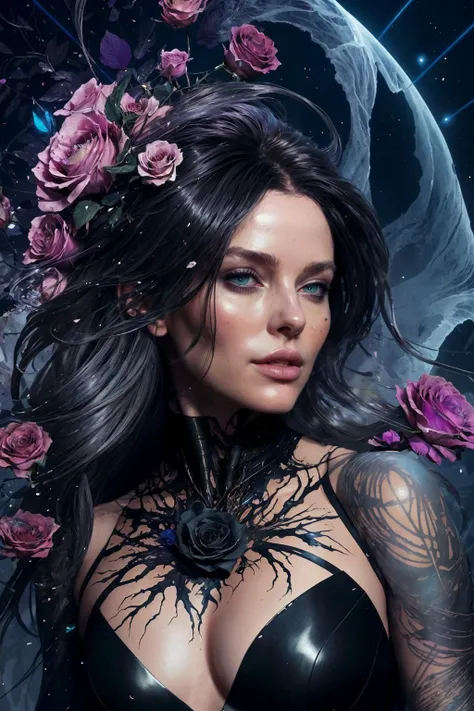 An abstrakt artwork by Carne Griffiths and Wadim Kashin with
an ethereal beauty
( <'EM_1'> :0.9) approaching perfection in magic with black roses in her elegant hair, dynamic onyx and grey palette