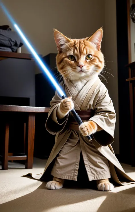 shot on Fuji Velvia 100, jedi cat holding light sabers, 45 degree, gigapixel, catchlight in eyes, EyeDetail, HDR, 8k resolution, sharp focus, realistic, intricate, dark theme, rim lighting, deep shadows