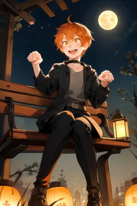 male focus, highres,night, moon, park, trash can, lantern, park bench, star \(sky\),
BREAK, 1boy, solo, from below, choker, paw pose, smile, open mouth, portrait, cute face, orange hair,