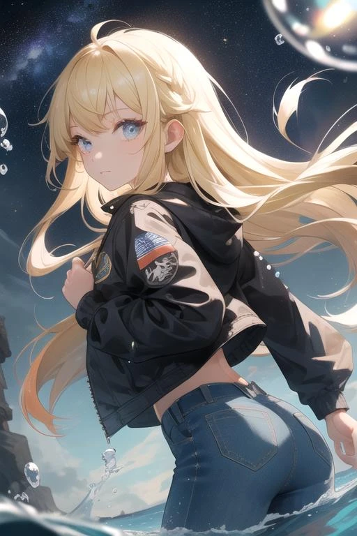 masterpiece, best quality, 1girl, face closeup, dynamic angle, looking back, denim jacket, blonde hair, muscular, bubble, Reflected mirror, floating, Bubble Swirling, water splash, detailed delicate night sky, stars,