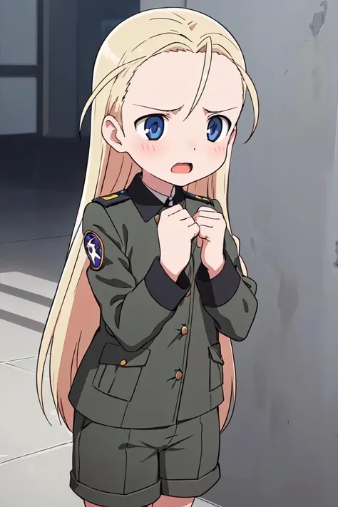 <lora:sg_elise_v10:1> 1girl, solo, elise,
military jacket, shorts, open mouth, sad, hands up, clenched hands,