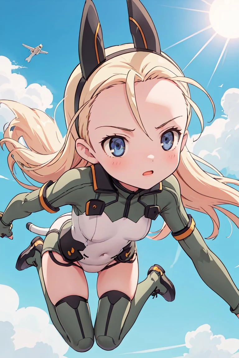 <lora:sg_elise_v10:1> 1girl, solo, elise,
pilot suit, animal ears, tail, in sky, cloud, sun, from above, flying, jumping, (stretching legs:1.2)