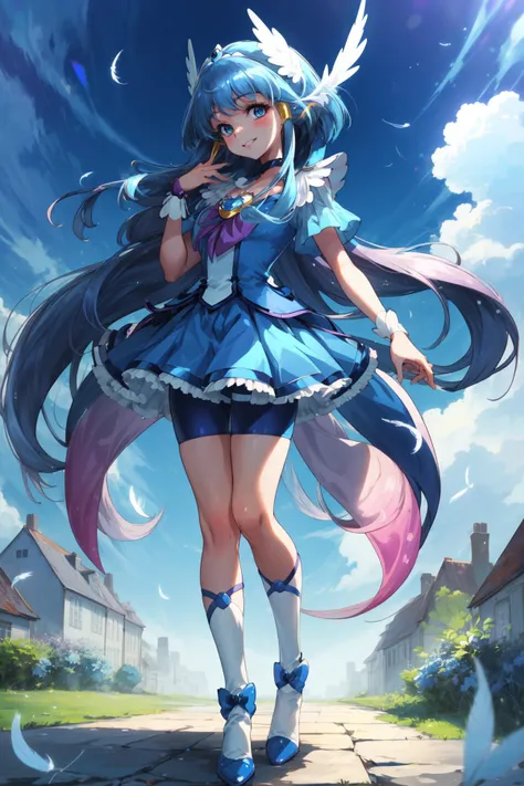 masterpiece,best quality,1girl,cure beauty,feather hair ornament,shorts under skirt,blue shorts,sidelocks,blue ribbon,jewelry,smile,elegent,standing,town,blue sky,<lora:locon_cure_beauty_1:0.9>,