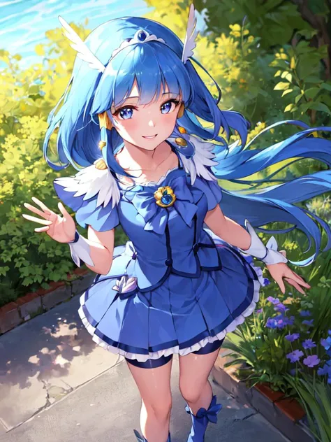 masterpiece, best quality, looking_at_viewer, depth_of_field, smile, from above, full body,
1girl, <lora:locon_cure_beauty_1:0.9>, cure beauty, feather hair ornament, shorts under skirt, blue shorts, sidelocks, bowtie,