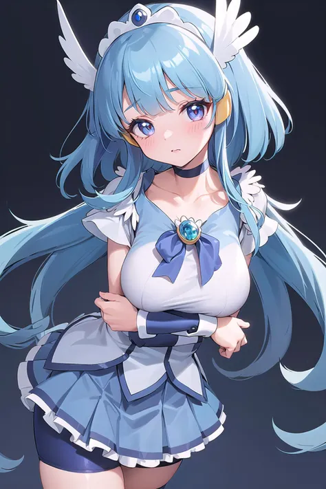 best quality, ultra-detailed, (1girl, solo,  <lyco:locon_cure_beauty_1:1:lbw=1,0,0,0,0,0,0,1,1,1,1,1,1,1,1,1,1,1,1,1,1,0,0,1,1,1>, cure beauty, feather hair ornament, shorts under skirt, blue shorts, sidelocks, blue ribbon, jewelry,blush, confused, standing, breast hold,<lora:oppai_control_v1.0:5:0,0,0,0,0,0,0,1,1,1,0,0,0,1,0,0,0,0,0,0,0,0,0,0,0,0>) ,