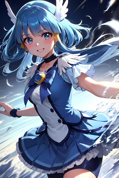 full_eyes masterpiece, best quality, realistic, looking at viewer, 1girl, professional majestic, smile, cure beauty, feather hair ornament, shorts under skirt, blue shorts, sidelocks, blue ribbon, jewelry, portrait, anime screencap, anime coloring, cowboy shot, beautiful legs, free hands, motion blur, outdoors, ice, skyline, ice wave,
