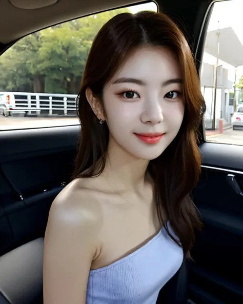 high_quality, (realistic, photo_realistic:1.4), RAW photo, natural light, solo, 1girl, beautiful Korean idol, lialorashy, lia itzy, detailed skin, bare shoulders, looking at viewer, (smile:0.2), dynamic pose, outdoors, inside of a car, <lora:lialorashy:0.8>, <lora:Lia Itzy:0.3>, <lora:polyhedron_skinny_all:0.2>